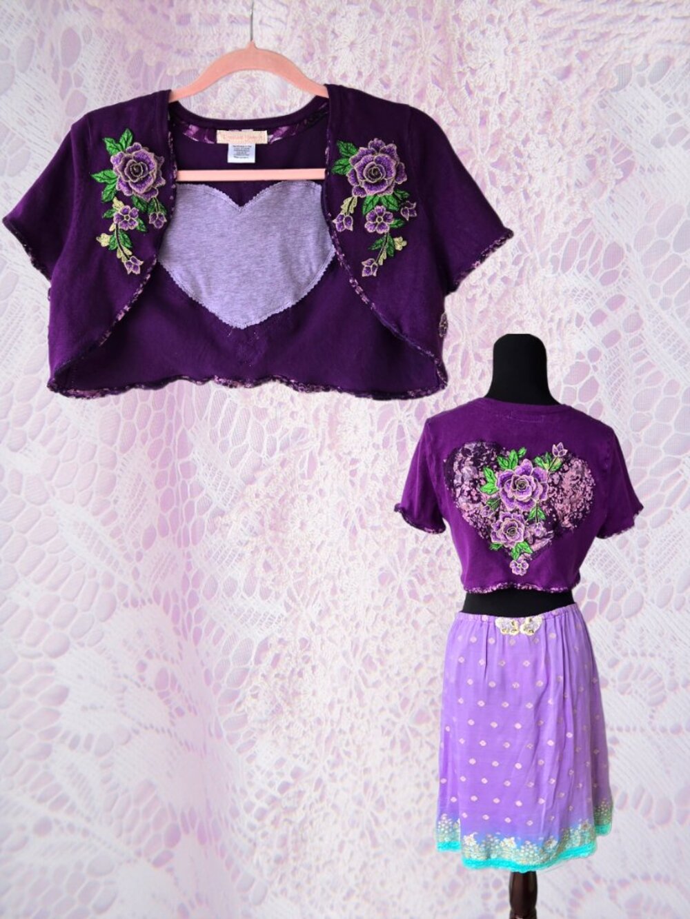 Handmade Violet Knit Bolero Hearts and Embroidered Roses Romantic Fairycore